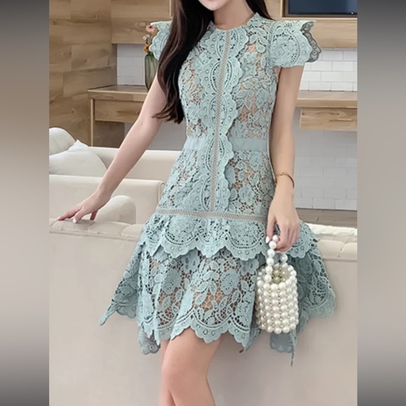 #152 Elegant Butterfly Sleeve Crochet Lace Casual O-neck High Waist Dress - Picture 7 of 16